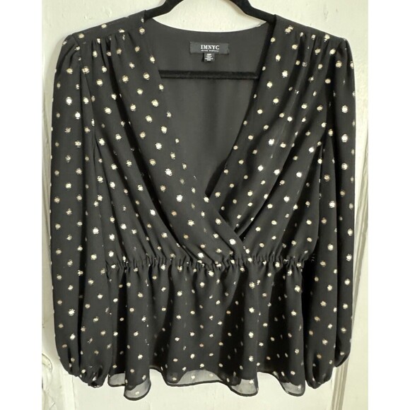 Isaac Mizrahi Black & Gold Polka Dot Blouse Top Shirt Petite Small GLAM EIGHTIES - Picture 1 of 9